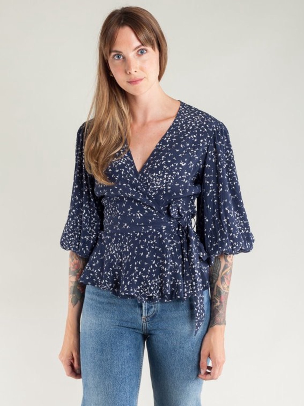 Ganni Wrap Navy White Floral Top Boho Whimsical Fairy Relaxed Balloon Crepe